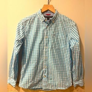 Tommy Hilfiger blue & white plaid long sleeve button down shirt- size M (12/14)
